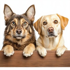 Fototapeta premium Two curious dogs looking over a wooden fence in a green backyard with bright sunlight and lush grass surrounding