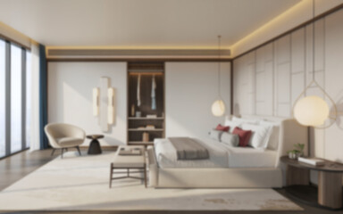 Fototapeta premium A blurred luxury contemporary living room with marble floors, ideal for virtual Zoom meeting video call backgrounds or wallpapers.