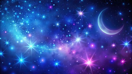 Deep blue space background with purple stars and a crescent moon, lunar cycle, universe, cosmic landscape, astronomy