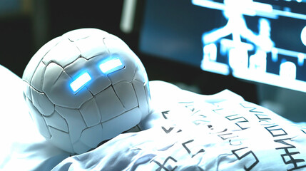 White Robotic Sphere with Blue Lights on a Hospital Bed