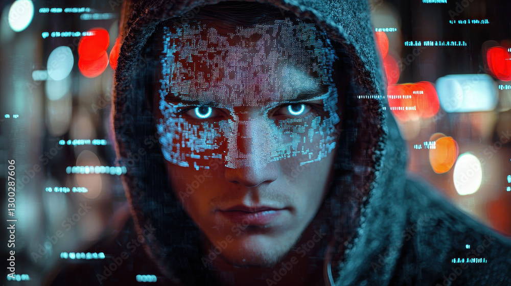 Poster surveillance and privacy concerns highlighted by facial recognition technology in urban setting