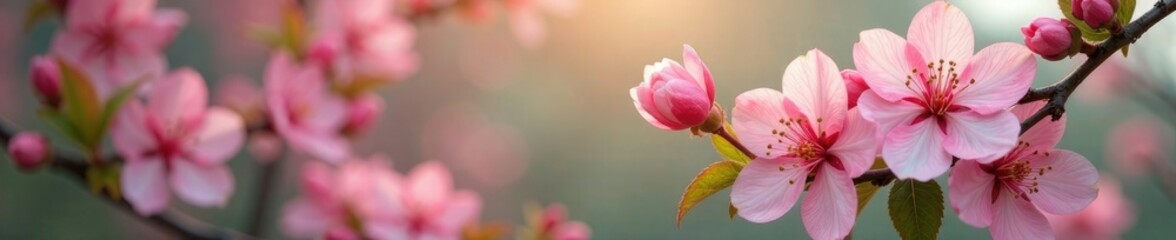 Fototapeta premium Delicate pink blossom with green leaf clusters, pink blossoms, floral arrangements