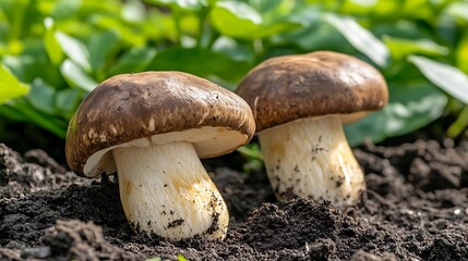 Fungi growing in soil with plant background