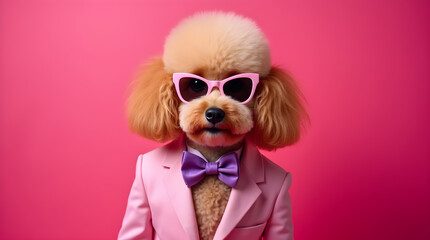 Stylish Poodle Pink Suit Sunglasses Bowtie Pink Backdrop Dog Shot