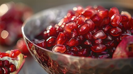 Macro shot of a fresh pomegranate with water droplets splashing. Food and health concept. Close up of fresh fruit or sliced ripe juicy pomegranate with dark background. Vitamin C concept. AIG51.