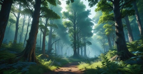 Fototapeta premium Dense foliage in blue forest with towering trees and lush greenery, forest landscape, tall trees, natural beauty