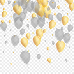 Yellow Balloon Background Transparent Vector. Helium Fly Background. Gold Isolated Surprise. Toy Streamers Frame.