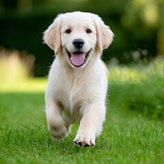 Dynamic dog running gracefully through a lush green field with joyful energy under a clear blue sky creating a happy scene