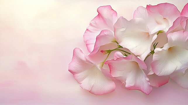 Delicate pink sweet pea petals, soft background, floral arrangement, greeting card design