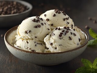 Vanilla ice cream with chocolate chips in a bowl