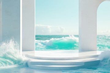 Waves crash against white pillars under a clear blue sky by the shore