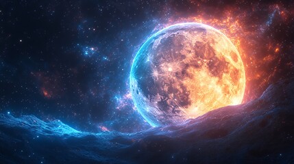 Obraz premium Stunning Cosmic Landscape with Vibrant Moon and Colorful Starry Background