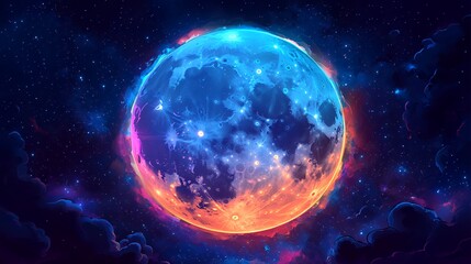 Explore a Colorful Artistic Representation of the Moon in Cosmic Space