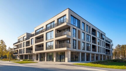 Obraz premium Modern Apartment Complex: Luxurious Living in a Serene Setting