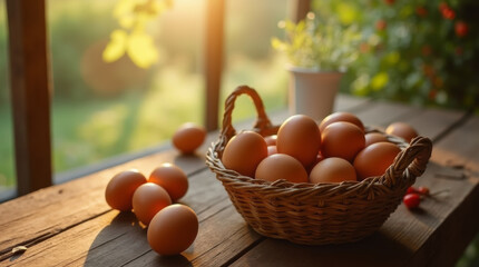 Basket with fresh chicken brown eggs on wooden rustic table in sunlight