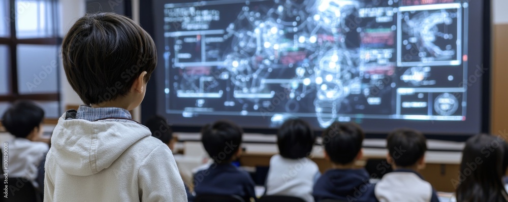 Poster a group of children attentively observes a large screen displaying complex data and visuals, suggest