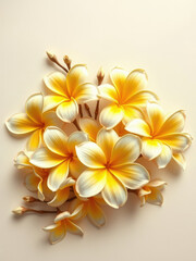 Fototapeta premium Dried yellow and white frangipani flower plumeria as a natural decoration, handmade, bohemian, DIY