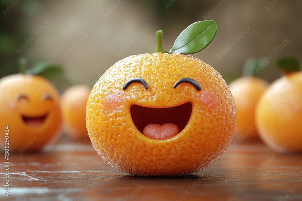 Poster smiling oranges create a joyful display on a wooden surface in a natural setting