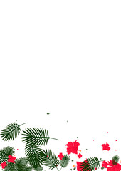 Pink Flower Background White Vector. Palm Decoration Card. Green Tree. Popular Illustration. Yellow Beach Frame.