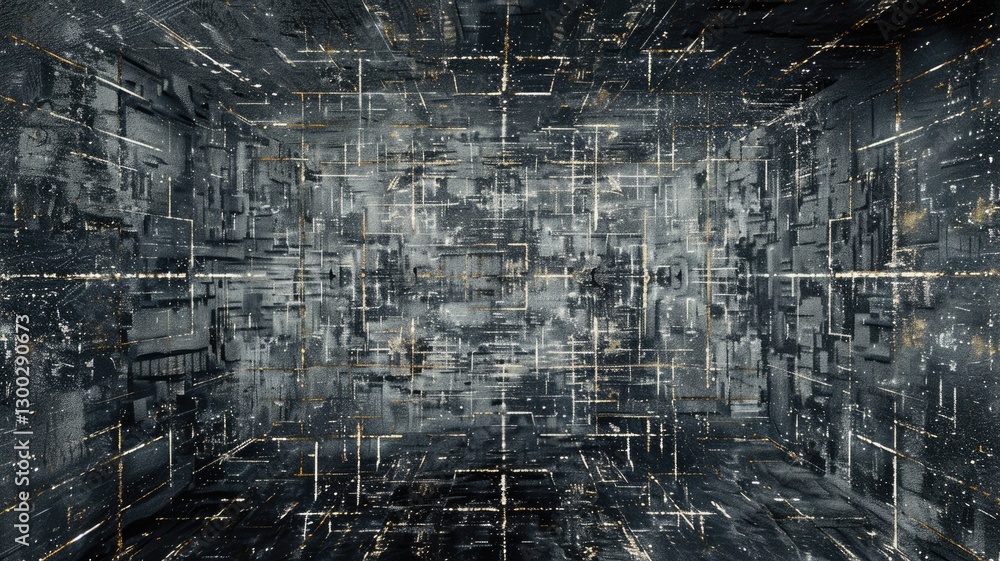 Poster Abstract picture vibrant particle in geometric shape represent data flow. Vivid flowing object with high tech fractal, create digital effect scene perfect for energetic, cyber wallpaper design. AIG53.