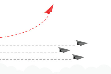 Red paper plane changing direction around the clouds in the sky. New idea, change concept of business