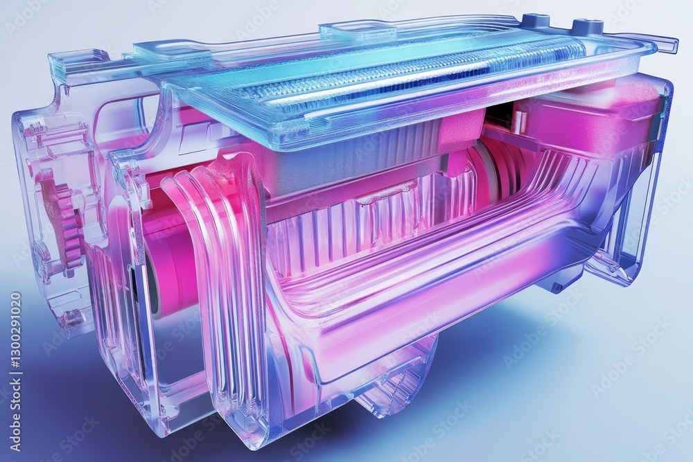 Poster transparent plastic device with internal components and gradient lighting.