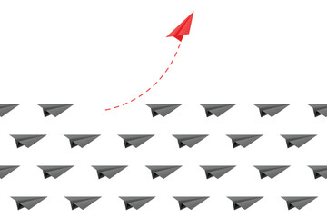 Red paper plane changing direction. Think differently concept