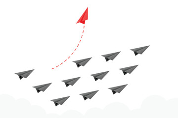 Think differently concept. Creative idea for new business. Red paper plane changing direction
