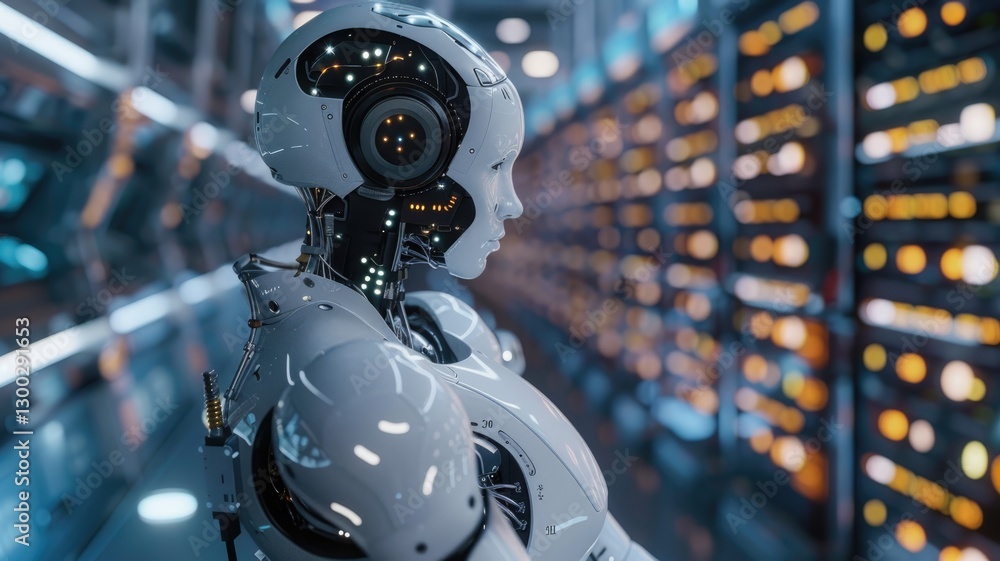 Poster science fiction picture of high tech robots for chat bot program, assistance technology about inform