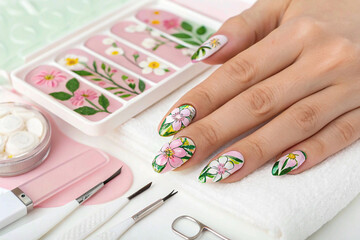 Nail art service. Female manicure and floral patterns.