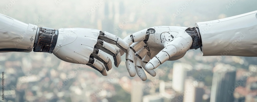 Poster two robotic hands reaching out to each other, symbolizing connection and interaction in a futuristic