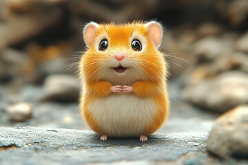 Curious small hamster with fluffy fur standing on a rocky surface in a natural setting during daylight