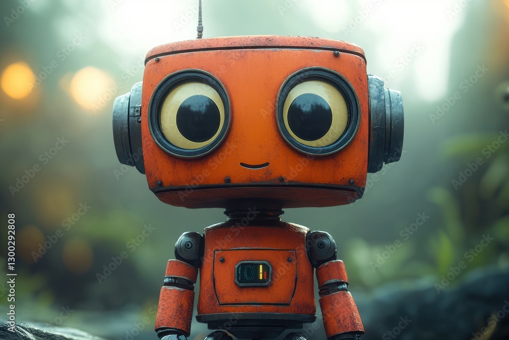 Poster cute robot character in a lush forest setting with soft lighting and a friendly expression