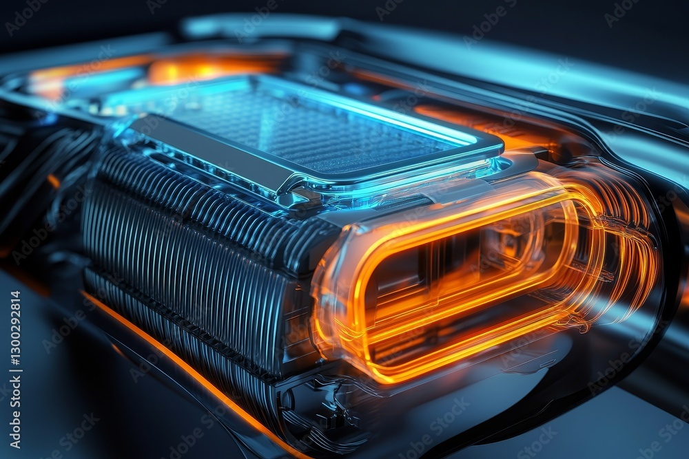 Poster glowing futuristic tech hardware with intricate internal components and energy.