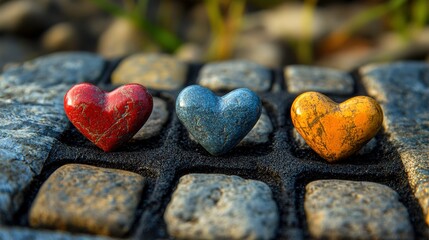 Obraz premium Three Colorful Stone Hearts Arranged in a Row on a Rocky Surface Symbolizing Love and Affection