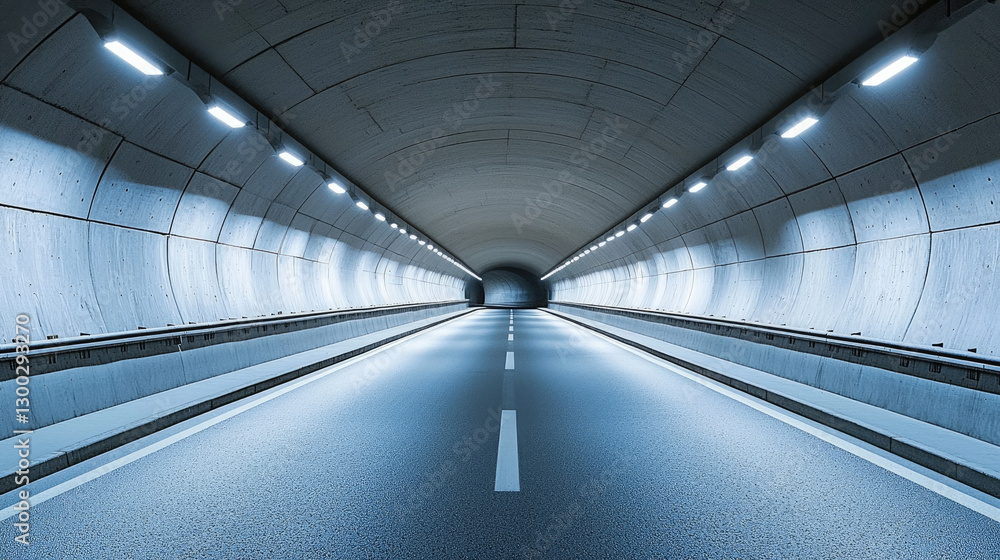 Aufkleber long concrete tunnel with bright lights illuminating road ahead, creating sense of depth and perspec