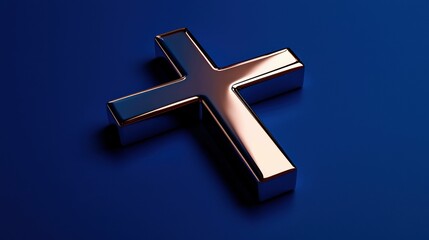 Fototapeta premium Gleaming Christian Cross Against a Deep Blue Backdrop Radiating Hope and Belief with a Metallic Sheen