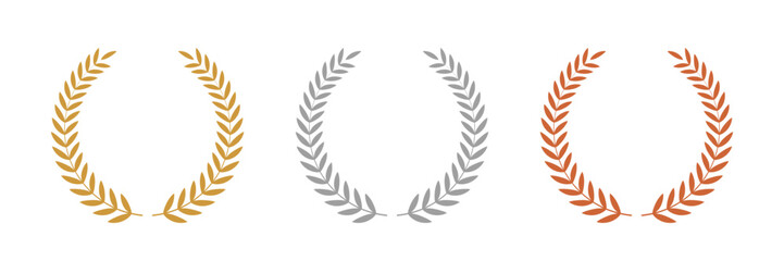 Gold, silver, bronze laurel wreaths. Winner medal award set vector illustration. Victory symbol, triumph emblem, champion prize isolated on transparent background.