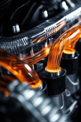 Shiny engine components with orange light and industrial details.