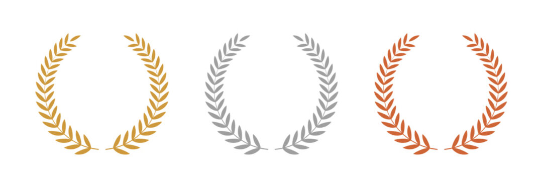 Gold, silver, bronze laurel wreaths. Winner medal award set vector illustration. Victory symbol, triumph emblem, champion prize isolated on transparent background.