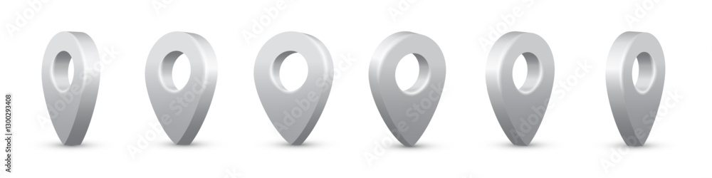 Poster silver map pins set. 3d grey pointers isolated on white background. location symbols in various angl
