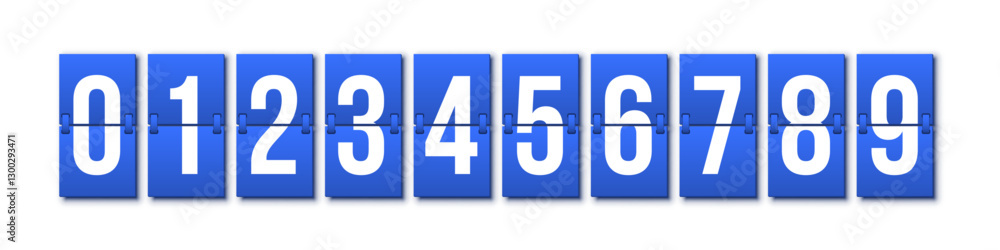 Poster flip countdown numbers set. blue flipboard display with numbers from 0 to 9 isolated on white backgr