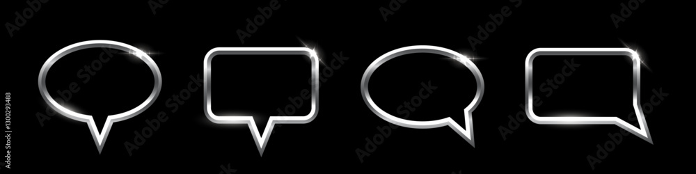 Poster silver speech bubble frames set with shadow on black background. ellipse and square blank space for 