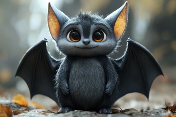 Fototapeta premium Cute cartoon bat with big eyes and fluffy fur standing among fallen leaves in a serene forest setting