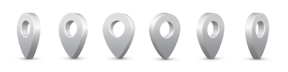 Fototapeta premium Silver map pins set. 3D grey pointers isolated on white background. Location symbols in various angles. Realistic vector illustrations.