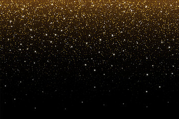 Golden glitter confetti background. Rain from gold sparkling stardust and particles on black background. Festive holiday shiny luxury poster, banner, backdrop. Vector illustration.
