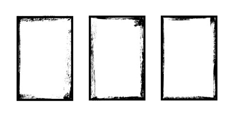 Black frames with worn paper effect on white background. Textured rectangles with old, grunge, grainy, vintage, worn, dust effect. Simple object mockup. Realistic vector illustrations set.