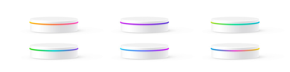 White round podiums with glow neon line. Set of product display stands isolated on white background. Cosmetic showcase pedestal, platform, stage. Realistic vector illustration set.