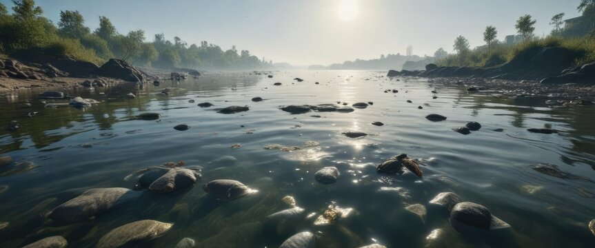 Fish floating listlessly on the surface of a heavily polluted river , water quality deterioration, pollution river effects