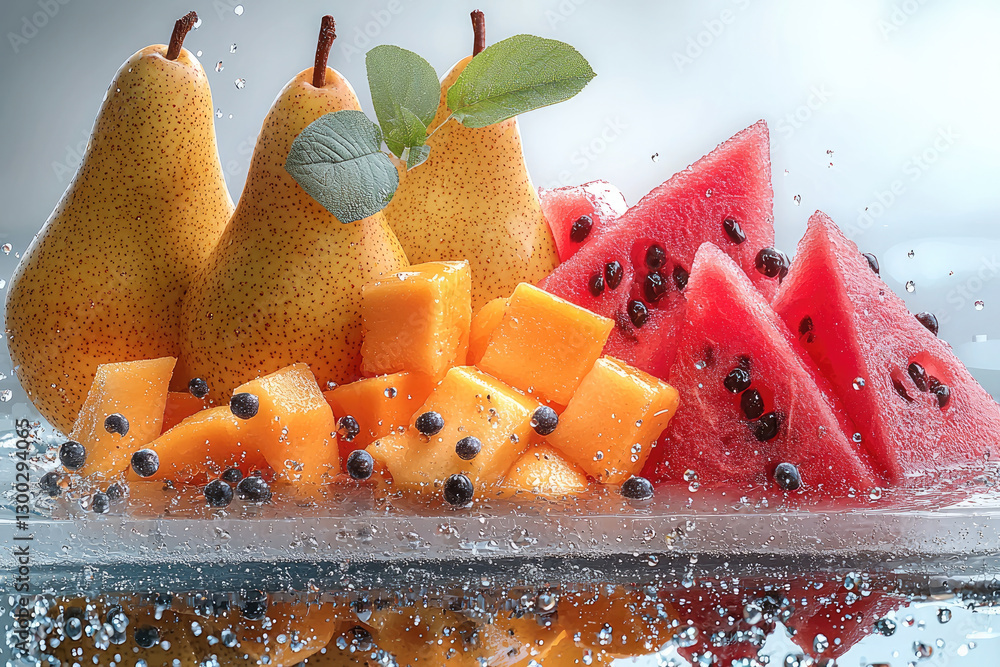 Poster Fresh pears, mango, and watermelon arranged beautifully with splashes of water, creating vibrant and refreshing display